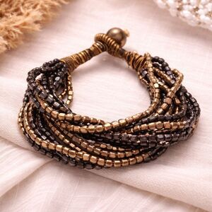 Boho Inspired Multi Strand Gold and Gunmetal Beaded Bracelet